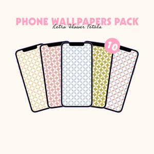 Peut inclure: Un pack numérique de 10 fonds d'écran pour téléphone présentant un motif répétitif de pétales de fleurs rétro dans divers coloris, dont jaune, rose, bleu clair, vert et une option multicolore, affichés sur cinq écrans de smartphone avec le texte PHONE WALLPAPERS PACK Retro Flower Petals.
