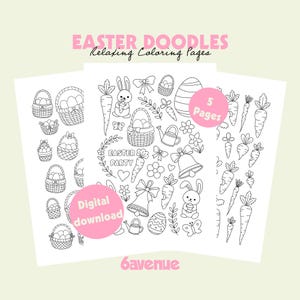 Può includere: Download digitale di pagine da colorare a tema pasquale. Le pagine presentano illustrazioni a tratteggio di cestini pasquali, carote, coniglietti, uova ed elementi floreali. Il testo sull'immagine dice "Easter Doodles" e "Relaxing Coloring Pages".