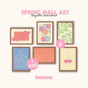 Peut inclure: Six tableaux encadrés avec des motifs floraux et botaniques. Les impressions présentent diverses couleurs, dont le rose, le bleu et le vert, avec le texte "Spring Wall Art" et "Digital download". L'image comprend également le texte "3 sizes" et "6avenue".