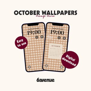 Peut inclure: Deux smartphones affichant des fonds d'écran d'octobre avec un motif vichy orange. Les écrans indiquent 19:00, mardi 25 octobre, et un calendrier d'octobre. Les textes incluent OCTOBER WALLPAPERS, Orange Aura, Easy to use, Digital download et 6avenue.