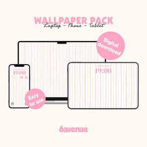 Peut inclure: Un pack de fonds d'écran numériques affiché sur un téléphone, un ordinateur portable et une tablette. Les écrans présentent un motif à rayures verticales roses, jaunes et violettes. Le texte "WALLPAPER PACK" et "Téléchargement numérique" sont également visibles.
