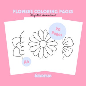 Peut inclure: Feuilles de papier blanches avec des contours de fleurs noirs à colorier. Le texte "FLOWERS COLORING PAGES" et "Digital download" sont en haut. Un cercle bleu clair indique "20 Pages". Un autre cercle bleu clair indique "A4". Le logo 6avenue est en bas.