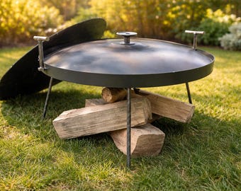 Sartén de acero de 40 cm con tapa – Sartén para fogatas al aire libre / sartén de disco para parrilla y fogata