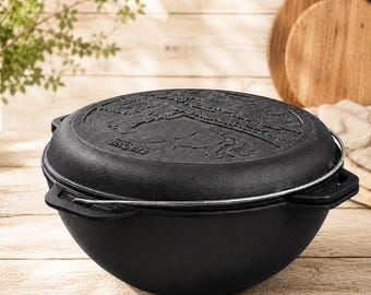 Gusseisen Kazan 12L mit Deckelpfanne – Asiatischer Kessel für Outdoor Kochen, Pilaw & Camping