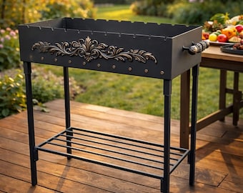 Mangal Grill 3 mm Stahl – Holzkohlegrill mit Stand, Outdoor BBQ Grill, Camping Grill, 5 Spieße inklusive, Garten Grill