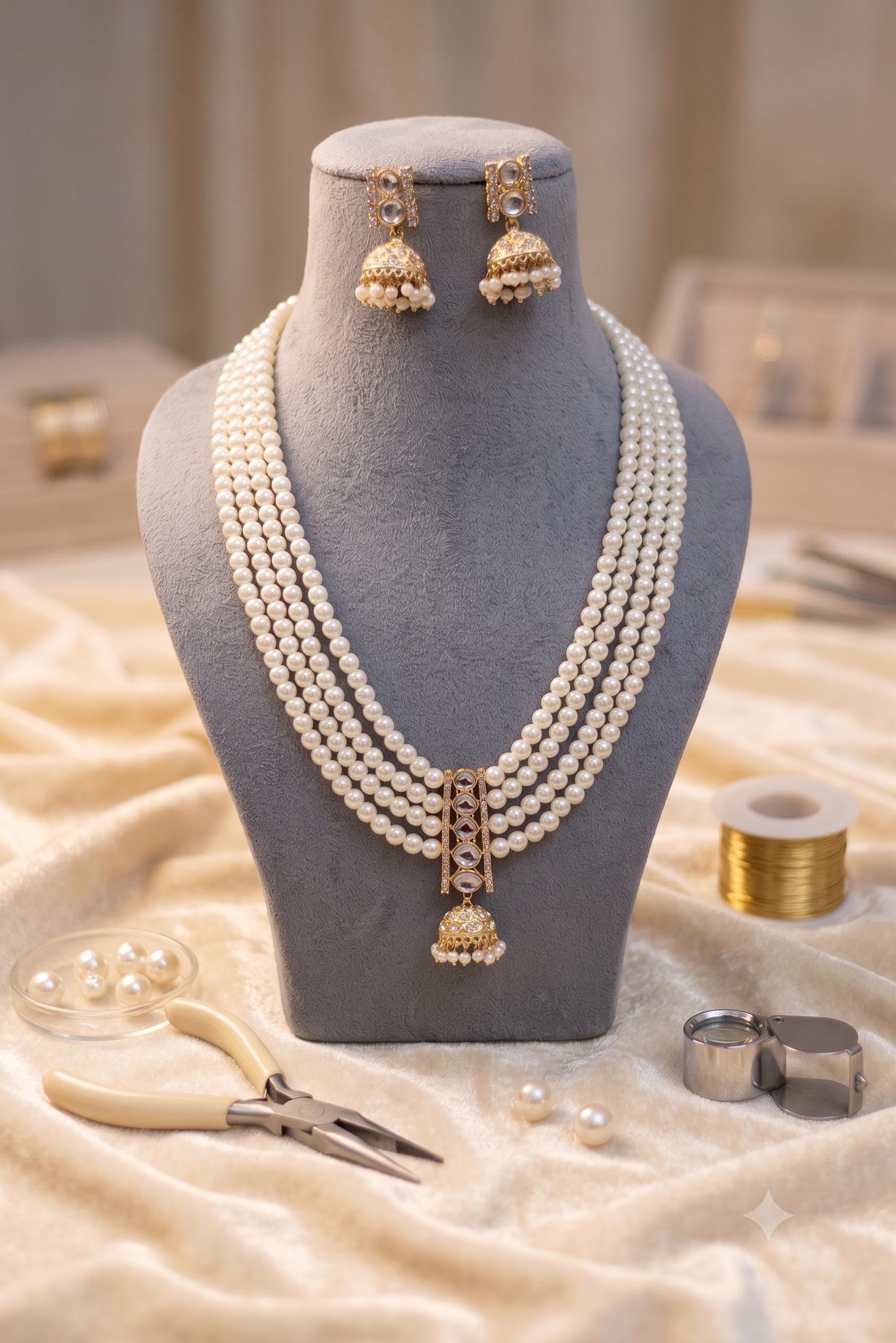 Multi Strand Pearl Necklace Set with Jhumka Earrings, Indian Wedding Jewelry