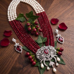 Conjunto de collar y pendientes hechos a mano de color rojo rubí con cuentas, collar llamativo de perlas y diamantes de imitación plateados, joyería nupcial victoriana para ella.