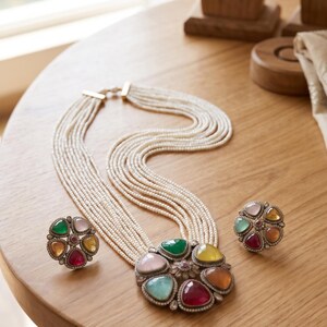 Navratna Kundan Statement Necklace With Earrings, Multicolor Polki CZ Bridal Jewelry, Traditional Long Haar Wedding Pendent, Gift For Her