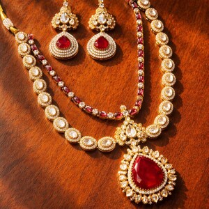 豪華なルビークンダンポルキネックレスセット（ステートメントペンダント＆イヤリング付き）、モアッサナイトポルキダブルレイヤーチョーカーセット、伝統的なお祭り衣装