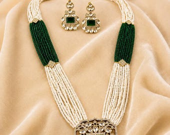 Handmade Kundan Polki Pearl Necklace Set, Ruby Red Pendant, Multi Layer Bridal Jewelry