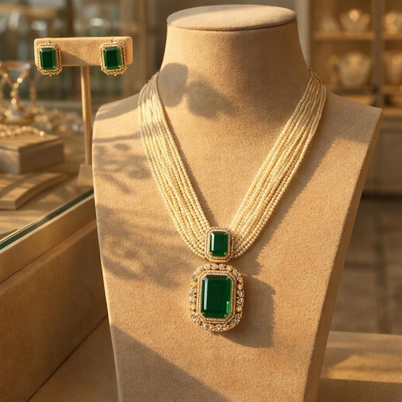 Multi Strand Pearl Necklace Set with Emerald Green Pendant, Victorian Style Wedding Jewelry