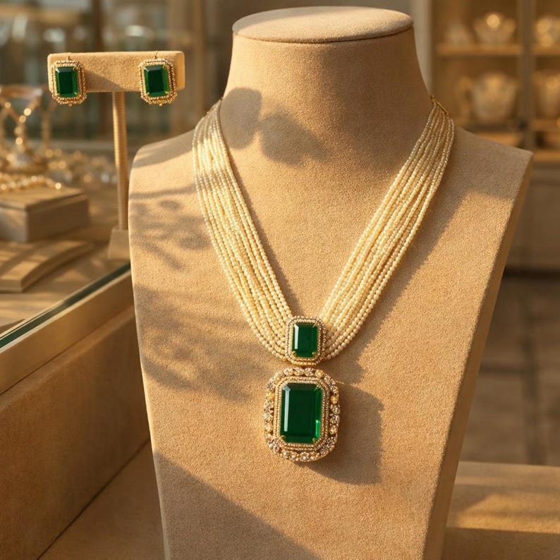 May include: A luxurious necklace and earring set displayed on a mannequin. The necklace features multiple strands of small pearls, culminating in a large, rectangular emerald pendant. The earrings mirror the pendant design. Both pieces are set in gold.