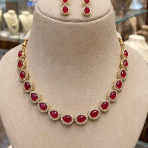 Victorian Style Ruby Red Necklace Set With Earrings, Gold Plated Indian Bridal Jewelry, Pear Cut Ruby Choker, Handmade Jewelry Gift For Her