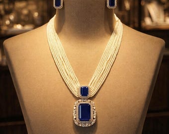 Royal Blue Sapphire Pearl Necklace Set, Multi Layer Choker, Victorian Halo Jewelry, Wedding Gift