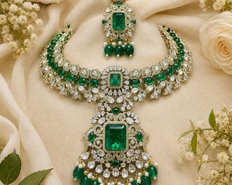 Emerald Kundan Polki Necklace Set, Bridal Choker, Indian Wedding Jewelry, CZ Statement Earrings