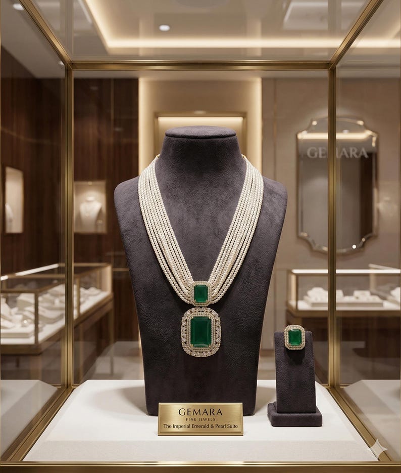 May include: A luxurious jewelry display featuring a pearl necklace with a large emerald pendant and matching ring. The necklace has multiple strands of pearls. The emeralds are set in a gold frame and surrounded by smaller diamonds. The display includes the text "GEMARA FINE JEWELS".