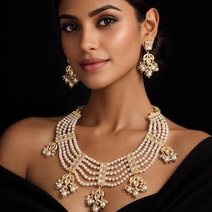 Ensemble collier de perles multicouches kundan fait main avec boucles d'oreilles, tour de cou de mariée polki plaqué or, bijoux de mariage indien, cadeau pour elle
