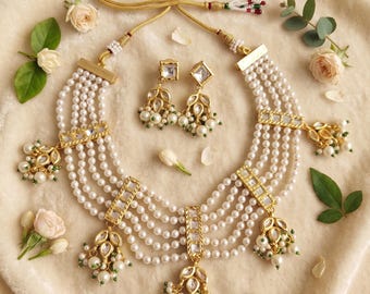 Layered Pearl Kundan Necklace Set, Indian Bridal Jewelry Choker With Earrings