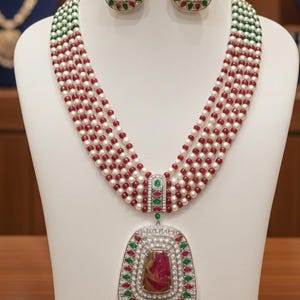 Conjunto de collar largo de perlas multicapa estilo victoriano con colgante de rubí, conjunto de mala de cuentas, joyería nupcial vintage Kundan Polki para mujer