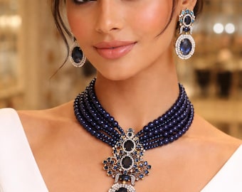 Conjunto de collar de cuentas azul marino de lujo con colgante llamativo y pendientes, collar de boda vintage con diamantes de circonita cúbica, joyería nupcial, regalo para mujer.