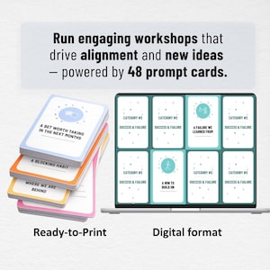 May include: A stack of prompt cards with white, orange, and pink edges, next to a laptop displaying similar cards. The cards have text like "A Bet Worth Taking" and "Success & Failure." The image includes the text "Ready-to-Print" and "Digital format."