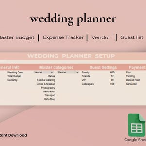 Puede incluir: Una plantilla digital de planificador de bodas con secciones para presupuesto, seguimiento de gastos, detalles de proveedores y lista de invitados. La hoja de cálculo incluye categorías para el lugar, la comida y la fotografía. El texto "wedding planner" está en la parte superior.