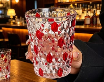 Vaso de cristal rojo tallado con forma de diamante, vaso de estilo vintage, ideal para cócteles.