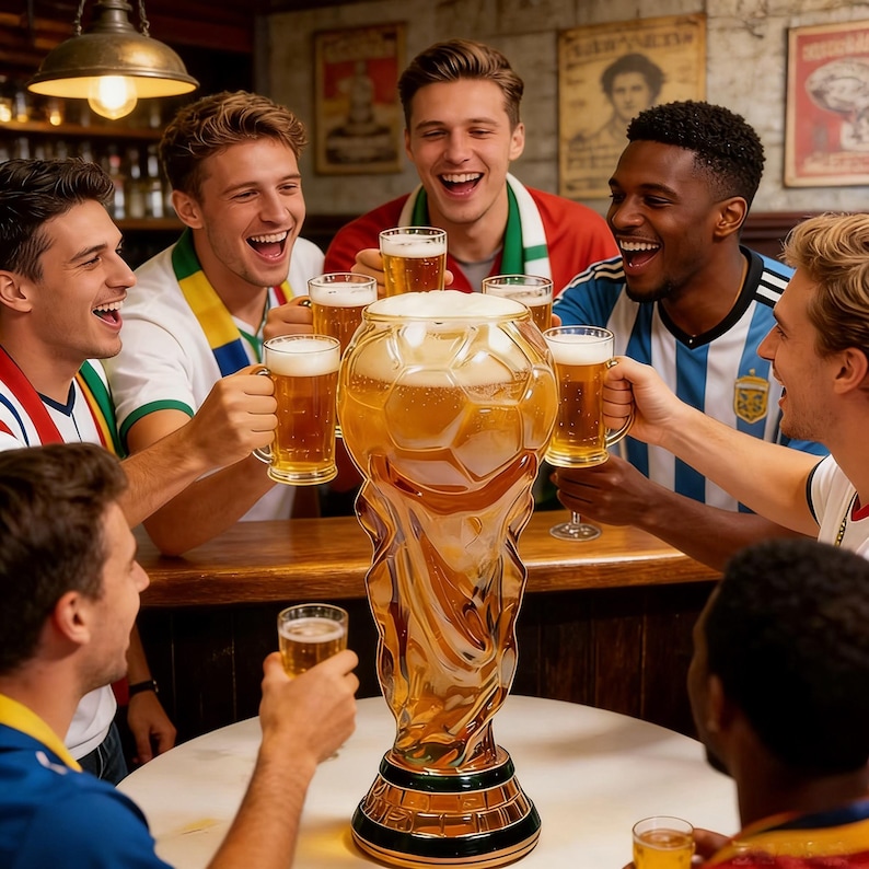 Puede incluir: Un gran vaso de cerveza dorado en forma de trofeo, lleno de cerveza, rodeado de personas que sostienen jarras de cerveza. La gente sonr&iacute;e y lleva camisetas deportivas, lo que sugiere una celebraci&oacute;n.