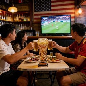Puede incluir: Un gran vaso dorado con forma de trofeo lleno de cerveza est&aacute; sobre una mesa en un bar. Hay gente reunida alrededor de la mesa, sosteniendo jarras de cerveza y viendo un partido de f&uacute;tbol en la televisi&oacute;n. Una bandera americana cuelga en el fondo.