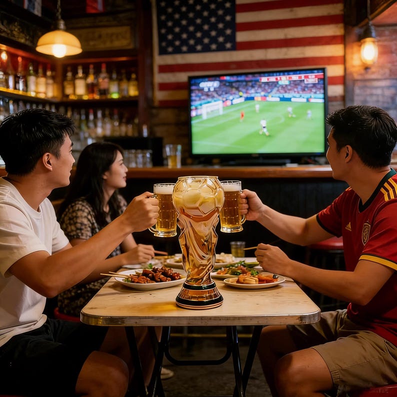 Puede incluir: Un gran vaso dorado con forma de trofeo lleno de cerveza est&aacute; sobre una mesa en un bar. Hay gente reunida alrededor de la mesa, sosteniendo jarras de cerveza y viendo un partido de f&uacute;tbol en la televisi&oacute;n. Una bandera americana cuelga en el fondo.