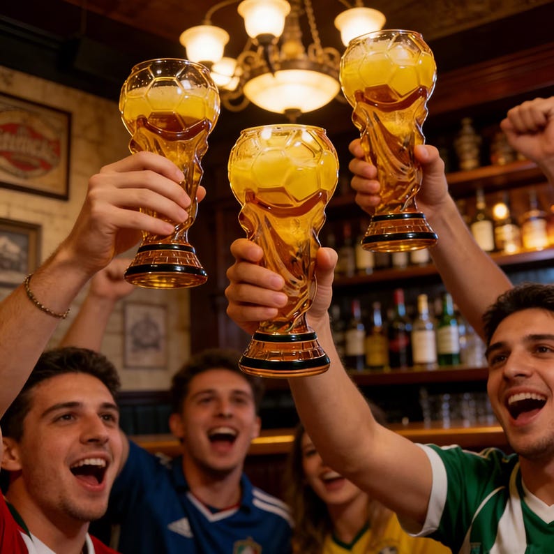 Puede incluir: Tres copas &aacute;mbar con forma de trofeo, con dise&ntilde;o de bal&oacute;n de f&uacute;tbol, se alzan en un brindis. Las copas, llenas de una bebida amarilla, tienen una base negra. La gente anima en el fondo.