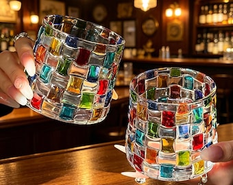 Vaso de vidrio tejido pintado a mano, taza de whisky con mosaico colorido, 300 ml, sin plomo.