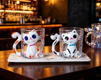 Taza de cristal 3D con diseño de gato y conejo, 260 ml, con asa en forma de cola de animal.