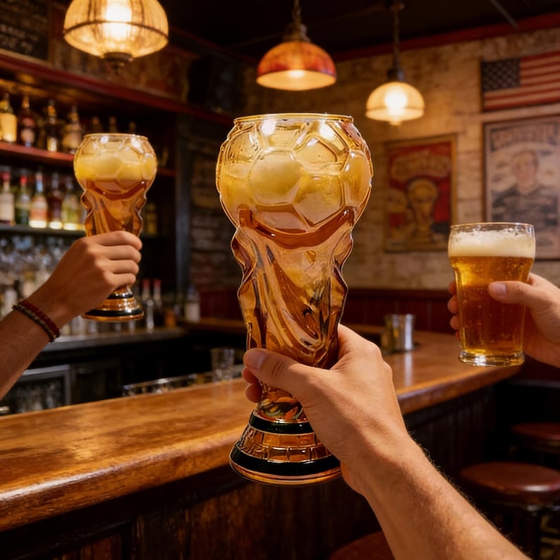 Puede incluir: Dos grandes vasos de cerveza de color &aacute;mbar con forma de trofeo, llenos de cerveza y hielo, se levantan en un bar. Tambi&eacute;n se levanta un vaso m&aacute;s peque&ntilde;o de cerveza. Las copas est&aacute;n iluminadas por luces de techo, creando un ambiente festivo.