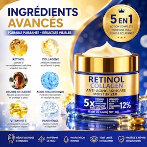 Peut inclure: Un pot de crème hydratante anti-âge Retinol Collagen avec un couvercle doré et une étiquette bleue. L'étiquette affiche le texte Retinol Collagen, 5x firming, lifting, smoothes, hydrates, even skin tone, vitamines A, B5, C, E, acide hyaluronique, 12%, net 60g.