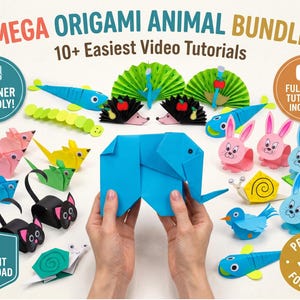 May include: A collection of colorful origami animals, including fish, hedgehogs, rabbits, and an elephant. The image features the text "MEGA ORIGAMI ANIMAL BUNDLE" and "10+ Easiest Video Tutorials". The words "Beginner Friendly!" and "Instant Download" are also visible.