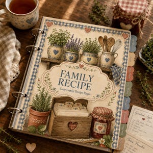 May include: A ring-bound family recipe book with a cream-colored cover featuring blue gingham borders, illustrations of potted herbs, kitchen utensils, and a wooden recipe box. The text reads FAMILY RECIPE Cozy Family Recipe Pages.