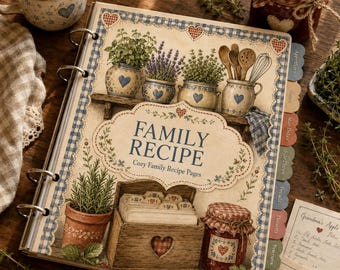 Puede incluir: Un libro de recetas familiares de anillas con cubierta color crema, bordes de cuadros azules, ilustraciones de hierbas en macetas, utensilios de cocina y una caja de recetas. El texto dice FAMILY RECIPE Cozy Family Recipe Pages.