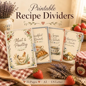 May include: A set of printable recipe dividers featuring cream-coloured cards with illustrations of a chicken, a croissant, a bowl of soup, and cheese. Each card has a tab and text including Meat & Poultry, Breakfast Brunch, Soups & Salads, and Appetizers & Snacks.