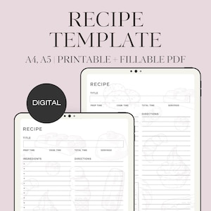 Könnte beinhalten: Digitales Rezeptvorlagen-Design mit hellrosa Hintergrund. Der Text "RECIPE TEMPLATE" steht oben. Die Vorlage ist in den Größen A4 und A5 erhältlich und als PDF druckbar und ausfüllbar. Das Wort "DIGITAL" befindet sich in einem schwarzen Kreis.