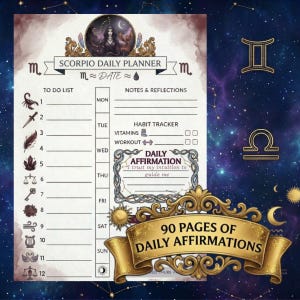 May include: A daily planner with a celestial theme, featuring a Scorpio design. The planner includes sections for to-do lists, notes, habit tracking, and daily affirmations. The banner reads "90 Pages of Daily Affirmations."