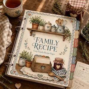 Könnte beinhalten: Ein Ringbuch für Rezepte mit cremefarbenem Einband, illustriert mit Küchenregalen, Topfpflanzen, einer hölzernen Rezeptkartenbox und einem Glas. Der Text lautet FAMILY RECIPE Cozy Family Recipe Pages. Es enthält farbige Registerkarten.