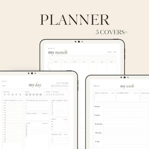 Può includere: Planner digitale dal design minimalista. L'immagine mostra tre tablet che visualizzano pagine del planner per il mese, il giorno e la settimana. Il testo "PLANNER" e "5 COVERS+" sono in alto. Le pagine hanno sezioni per la pianificazione e le note.