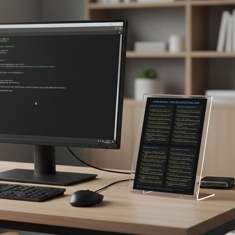 Peut inclure: Configuration informatique avec un &eacute;cran affichant du code, un clavier et une souris sur un bureau en bois. Un support en acrylique transparent contient un document intitul&eacute; "PowerShell Troubleshooting Map" avec du texte noir sur fond sombre.