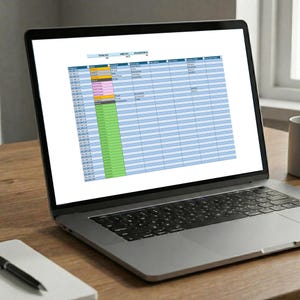 Puede incluir: Un portátil muestra una hoja de cálculo con análisis de datos. La pantalla muestra una tabla con columnas y filas, incluyendo direcciones IP, IP libres y porcentajes de utilización. La hoja de cálculo tiene resaltado en color.