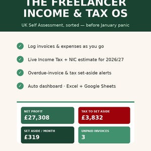 Könnte beinhalten: Eine digitale Tabellenkalkulationsvorlage mit dem Titel THE FREELANCER INCOME & TAX OS von LOCKINDIGITAL. Sie enthält Funktionen wie Rechnungsverwaltung, Steuerschätzungen für 2026/27 und ein Dashboard mit einem Nettogewinn von 27.308 £ und 3.832 £ Steuerrücklage.