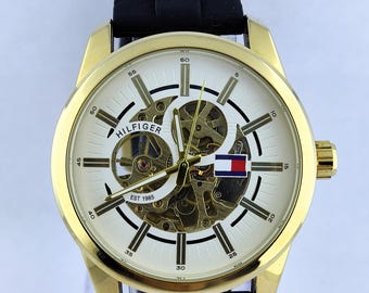 Vintage Tommy Hilfiger Automatic White Skeleton Dial Men's Wrist Watch Free Shipping