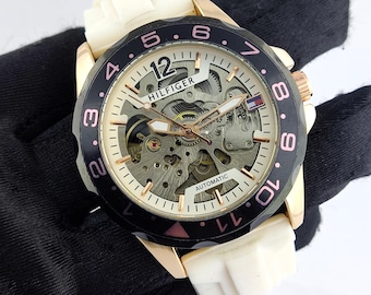 Vintage Tommy Hilfiger Automatic Off White Skeleton Dial Men's Wrist Watch Free Shipping