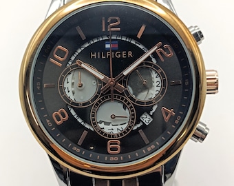 Vintage Tommy Hilfiger Stainless Steel Quartz Date Indicator Black Dial Men's Wrist Watch Free Shipping