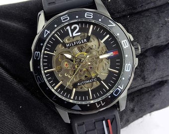 Vintage Tommy Hilfiger Automatic Black Skeleton Dial Men's Wrist Watch Free Shipping